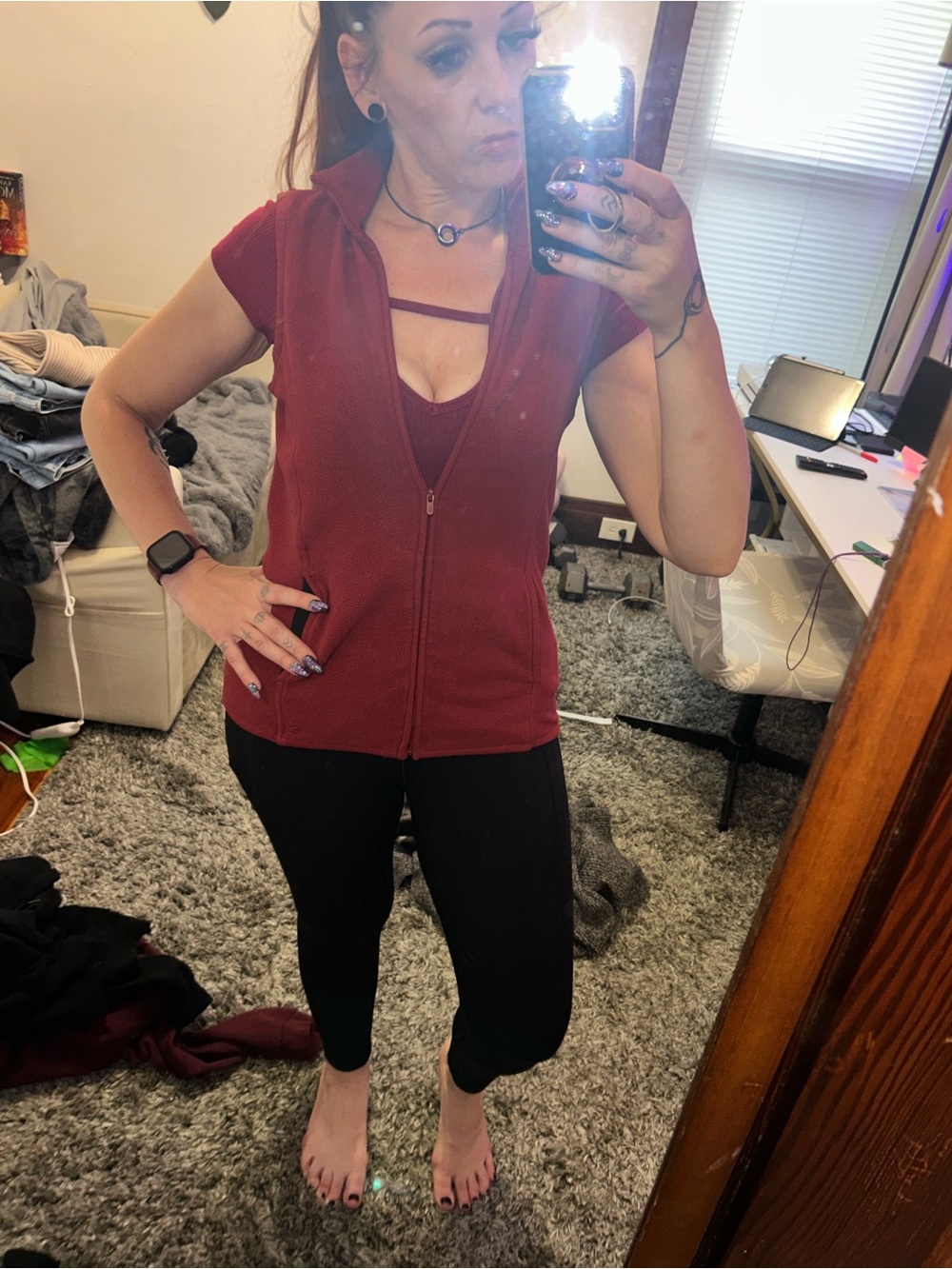 Sleeveless Fleece Zip-Up Vest Burgundy